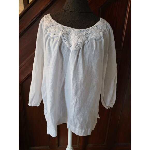 Charter Club White Crochet Neckline Linen Blouse Size 16 - Picture 1 of 7